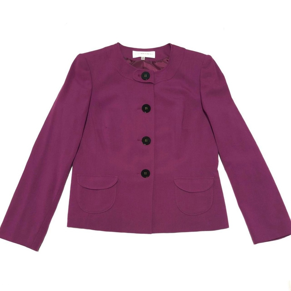 Purple wool blend blazer jacket with satin lining and shoulder pads.